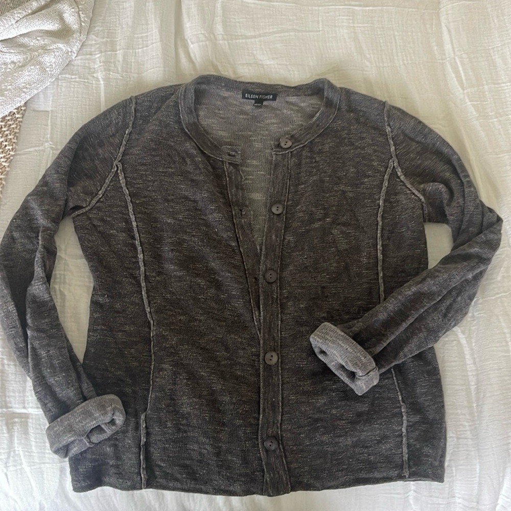 EILEEN FISHER Charcoal Grey Organic Linen/Cotton Blend Cardigan XS